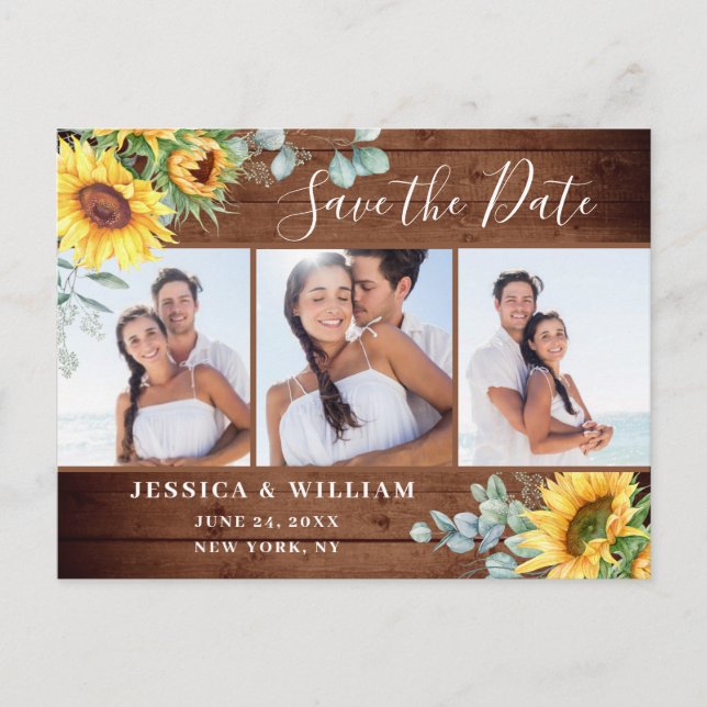Sunflower Eucalyptus 3 PHOTO Wedding Save the Date Postcard (Front)