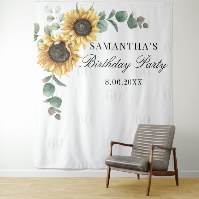 Sunflower Eucalyptus 60th Birthday Party Backdrop Tapestry (In Situ)