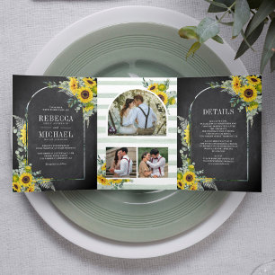 Sunflower Eucalyptus Arch Chalkboard Wedding Tri-Fold Invitation