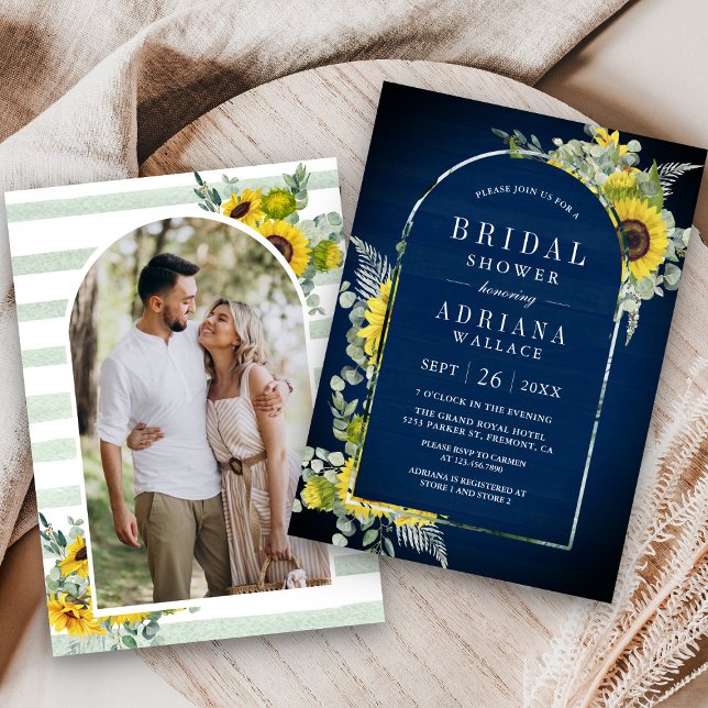 Sunflower Eucalyptus Arch Photo Navy Bridal Shower Invitation (Creator Uploaded)