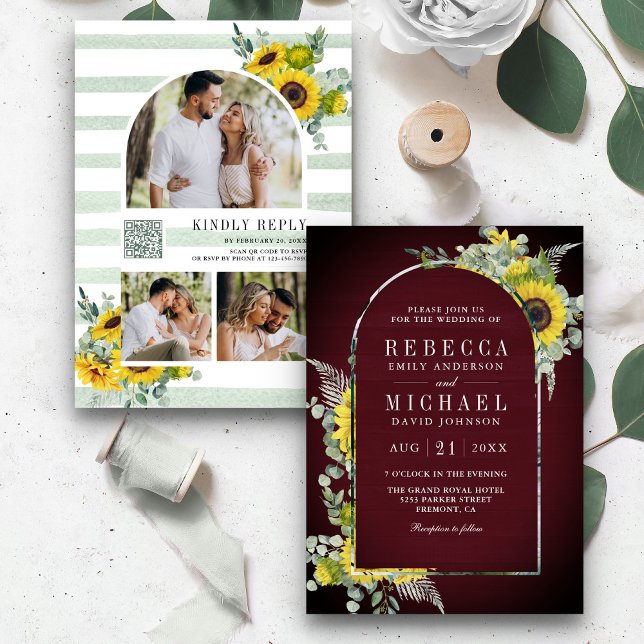 Sunflower Eucalyptus Arch QR Code Burgundy Wedding Invitation (Creator Uploaded)