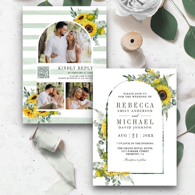 Sunflower Eucalyptus Arch QR Code Wedding Invitation (Creator Uploaded)
