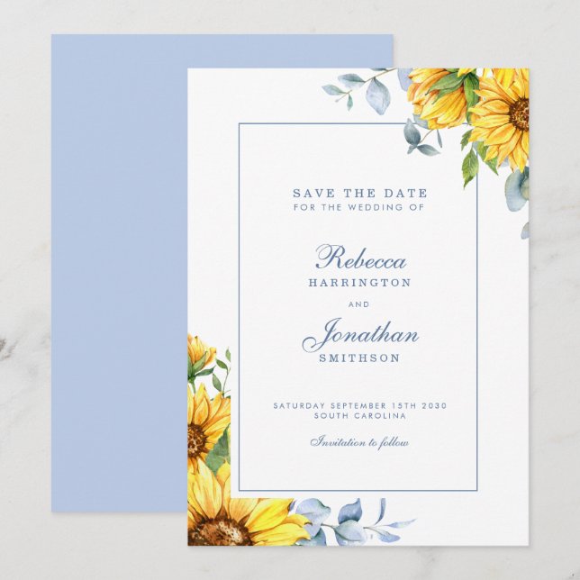 Sunflower & Eucalyptus Blue Wedding Save The Date (Front/Back)