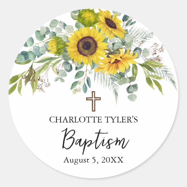 Sunflower & Eucalyptus Boho Cross Baptism Classic Round Sticker (Front)