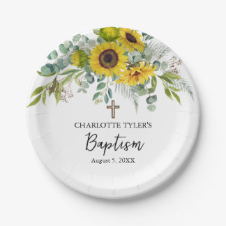 Sunflower & Eucalyptus Boho Cross Baptism Paper Plate