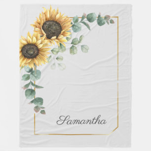Sunflower Eucalyptus Botanical Floral Script Fleece Blanket