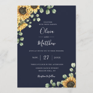 Sunflower Eucalyptus Botanical Navy Blue Wedding Invitation