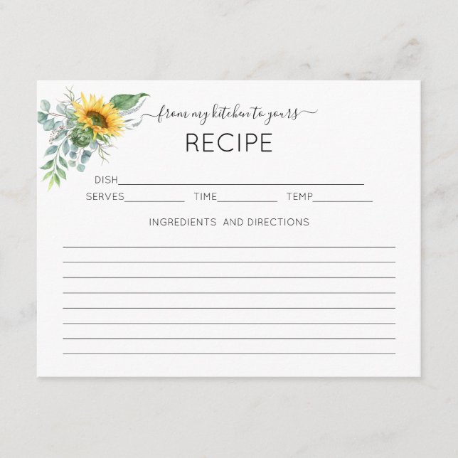 Sunflower Eucalyptus Bridal Shower Recipe Card (Front)