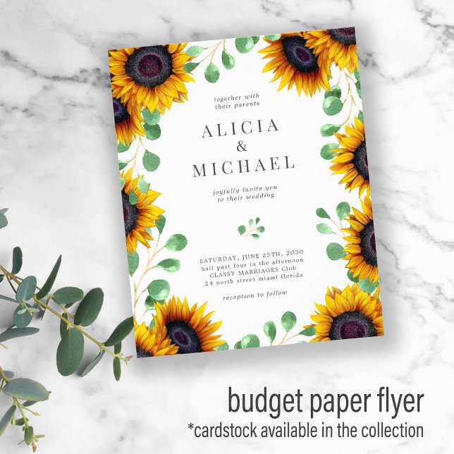 Sunflower eucalyptus budget wedding invitation flyer (Creator Uploaded)