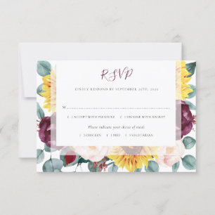 Sunflower Eucalyptus Burgundy Blush Floral Wedding RSVP Card