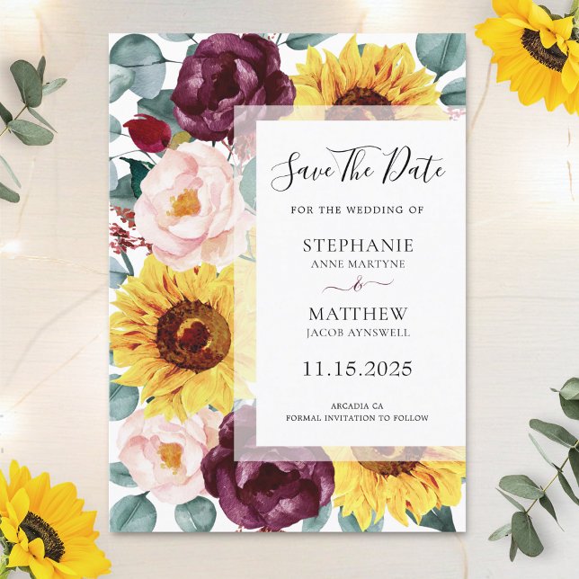 Sunflower Eucalyptus Burgundy Blush Photo Wedding Save The Date (Creator Uploaded)