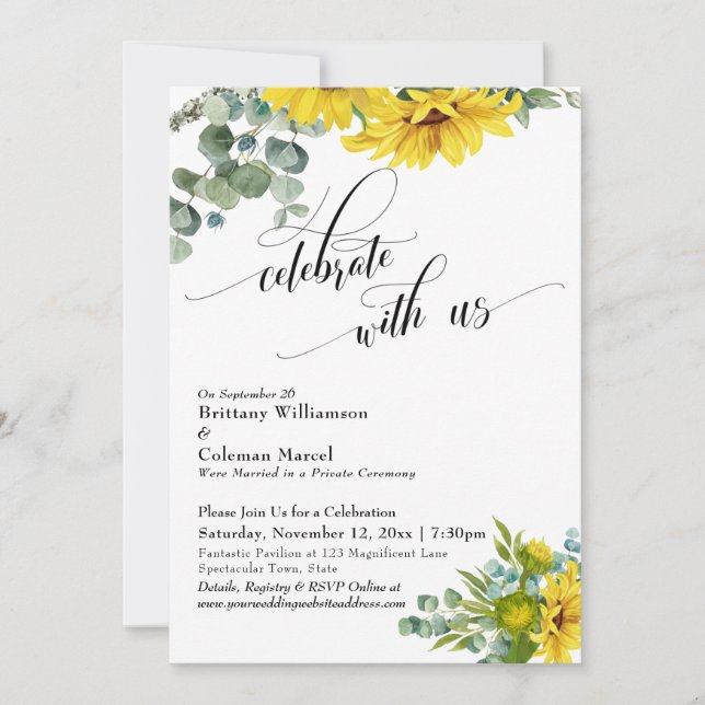 Sunflower Eucalyptus Celebrate with Us Reception Invitation (Front)