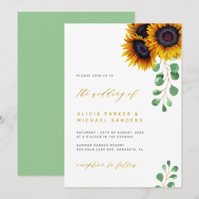 Sunflower eucalyptus elegant rustic wedding invitation (Front/Back)