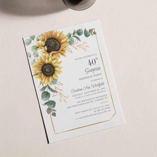 Sunflower Eucalyptus Floral 40th Birthday Party Invitation (Creator Uploaded)