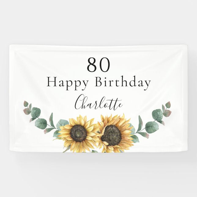 Sunflower Eucalyptus Floral 80th Birthday  Banner (Horizontal)