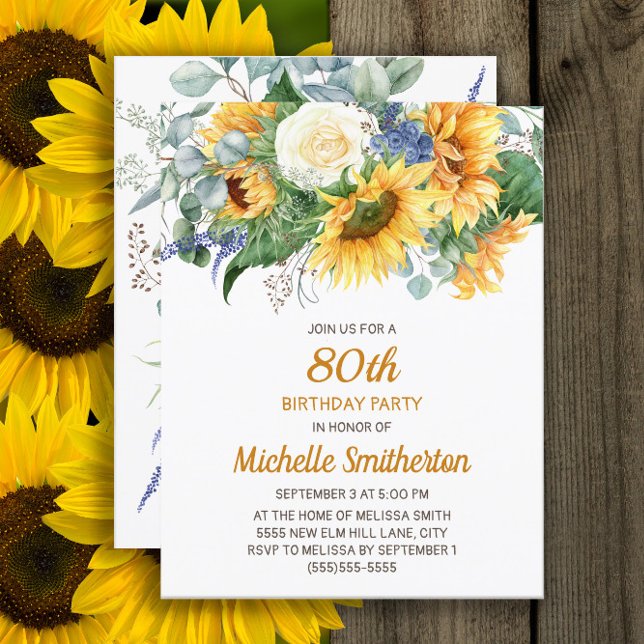 Sunflower Eucalyptus Floral 80th Birthday Card (Sunflowers and eucalyptus 80th birthday party invitation)