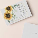 Sunflower Eucalyptus Floral Botanical Save Date Card<br><div class="desc">Create a modern Sunflower Floral save the date flyer with this cute template featuring beautiful rustic floral bouquet, geometric gold effect frame, with modern simple typography. TIP: Matching wedding suite cards like RSVP, wedding programs, banners, tapestry, gift tags, signs, and other wedding keepsakes and goodies are available in the collection...</div>
