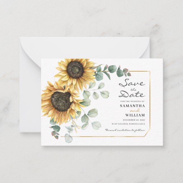 Sunflower Eucalyptus Floral Botanical Save Date Card (Front)