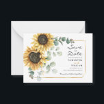 Sunflower Eucalyptus Floral Botanical Save Date Card<br><div class="desc">Create a modern Sunflower Floral save the date flyer with this cute template featuring beautiful rustic floral bouquet, geometric gold effect frame, with modern simple typography. TIP: Matching wedding suite cards like RSVP, wedding programs, banners, tapestry, gift tags, signs, and other wedding keepsakes and goodies are available in the collection...</div>