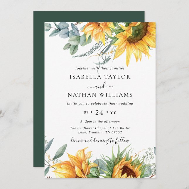 Sunflower Eucalyptus Floral Botanical Wedding Invitation (Front/Back)