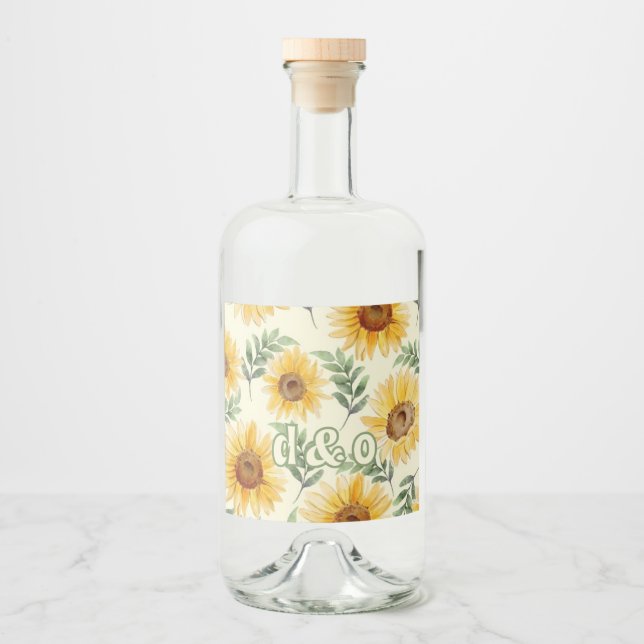 Sunflower Eucalyptus Floral Botanical Wedding Liquor Bottle Label (Front)