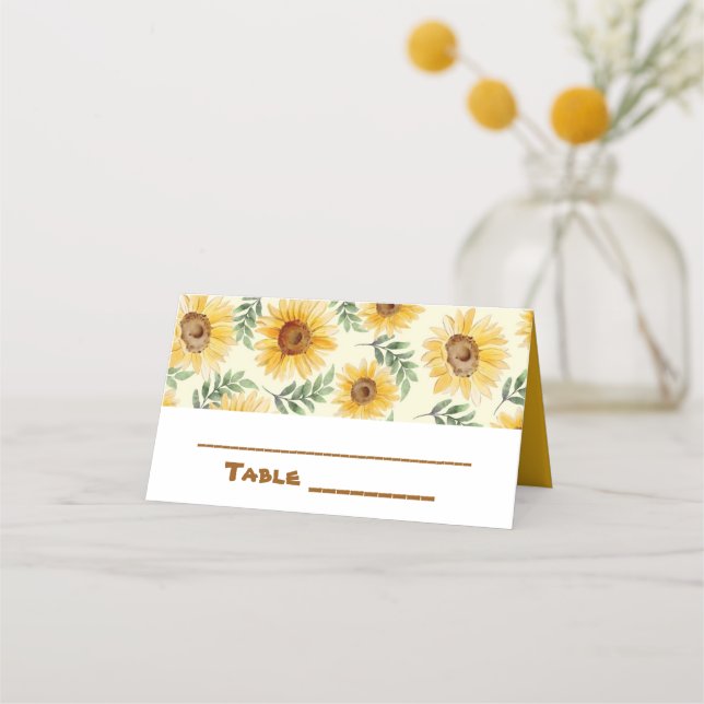 Sunflower Eucalyptus Floral Botanical Wedding Place Card (Front)