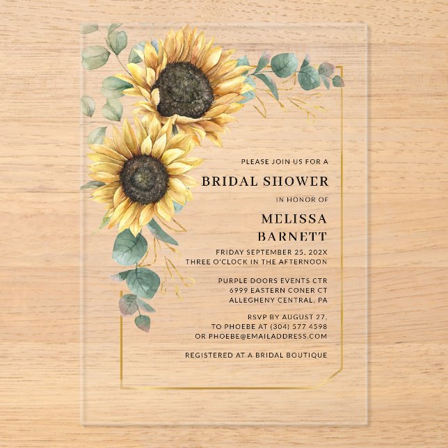 Sunflower Eucalyptus Floral Bridal Shower Acrylic Invitations (Front)