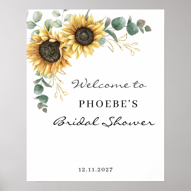 Sunflower Eucalyptus Floral Bridal Shower Welcome Poster (Front)