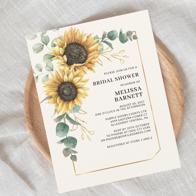 Sunflower Eucalyptus Floral Foliage Bridal Shower Invitation (Chic Floral Sunflower Eucalyptus Script First Last Name Bridal Shower Invitation)