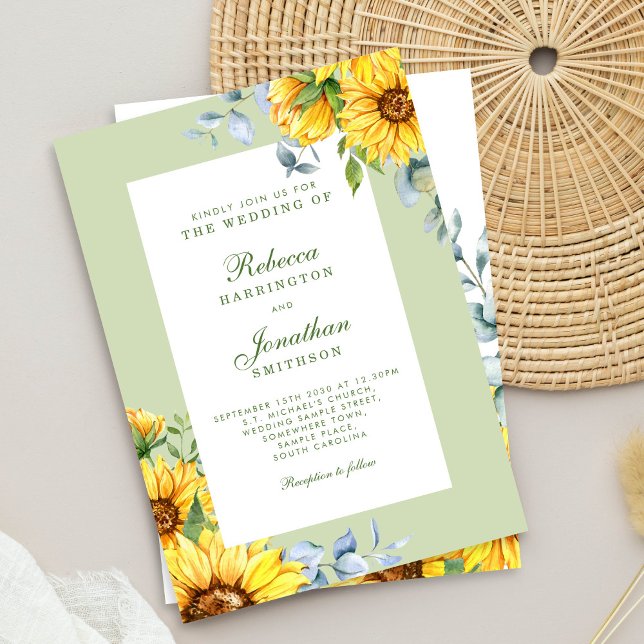 Sunflower & Eucalyptus Floral Green Wedding Invitation (Creator Uploaded)