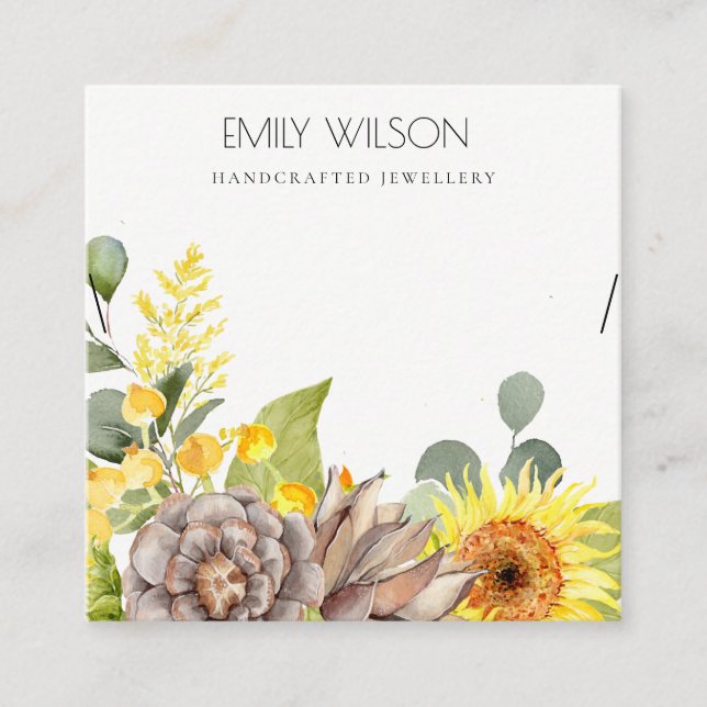 SUNFLOWER EUCALYPTUS  FLORAL NECKLACE DISPLAY LOGO SQUARE BUSINESS CARD (Front)