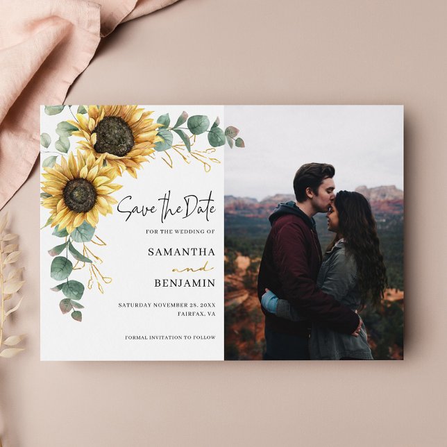 Sunflower Eucalyptus Floral Photo Wedding Save The Date (Floral Sunflower Script Photo Wedding Save the Date Announcement)