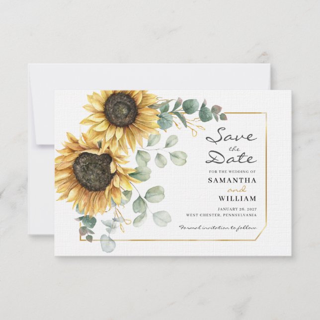 Sunflower Eucalyptus Floral Save the Date Card (Front)