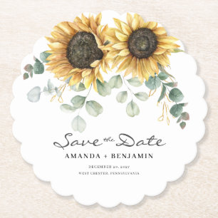 Sunflower Eucalyptus Floral Save The Date Paper Coaster