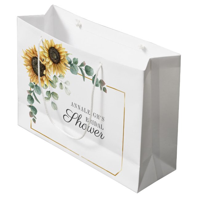 Sunflower Eucalyptus Floral Script Bridal Shower Large Gift Bag (Front Angled)