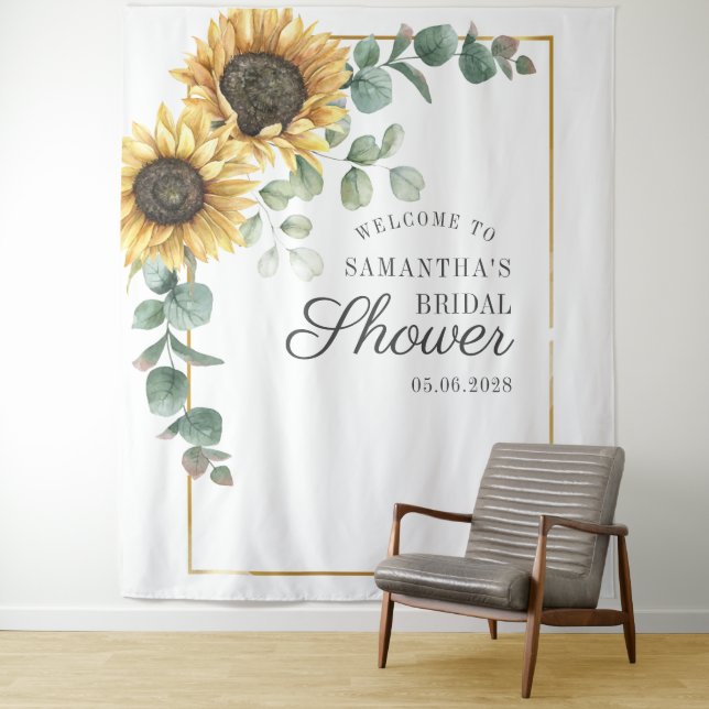 Sunflower Eucalyptus Floral Script Bridal Shower Tapestry (In Situ)