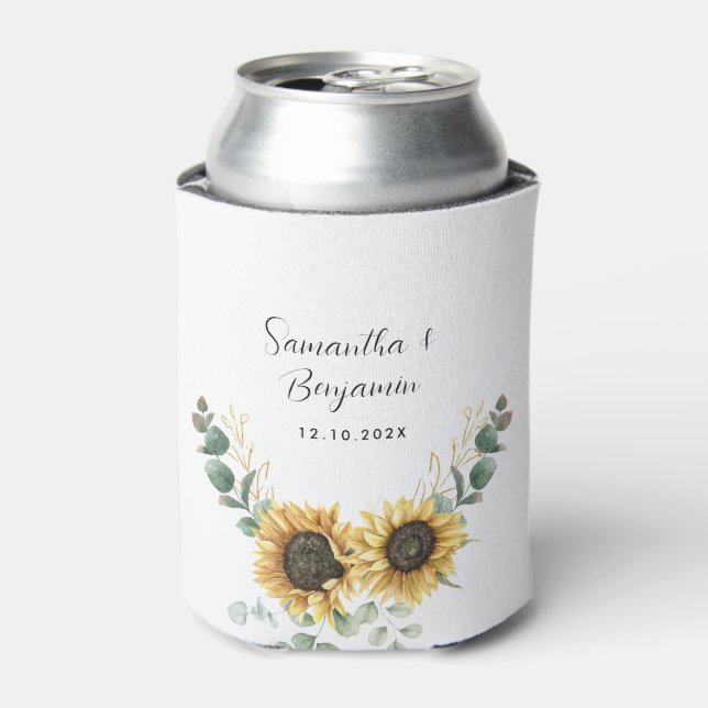 Sunflower Eucalyptus Floral Script Wedding Favour Can Cooler (Can Front)
