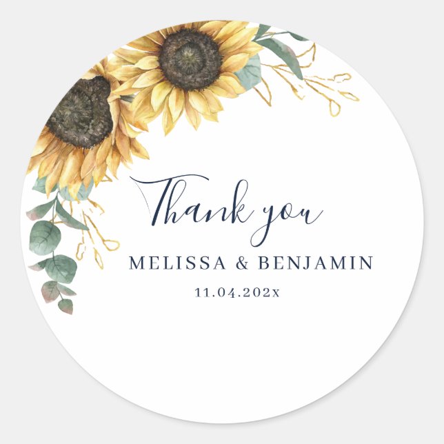 Sunflower Eucalyptus Floral Thank You Favor Classic Round Sticker (Front)