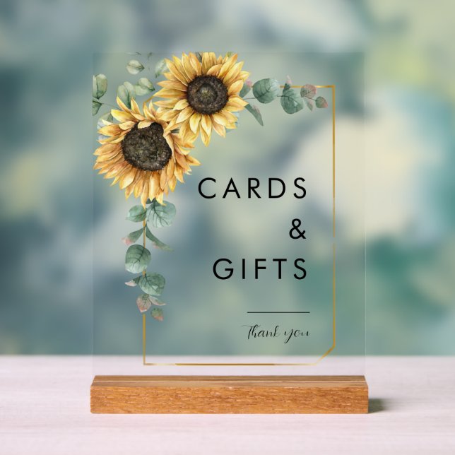 Sunflower Eucalyptus Floral Wedding Cards and Gift Acrylic Sign (Neutral)