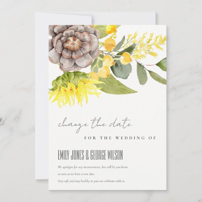 SUNFLOWER EUCALYPTUS  FLORAL WEDDING CHANGE DATE INVITATION (Front)