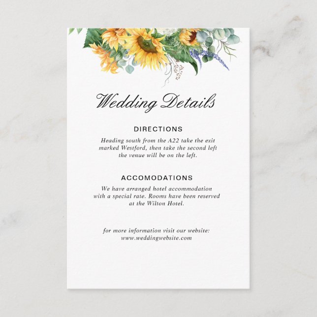 sunflower eucalyptus floral  wedding details card (Front)