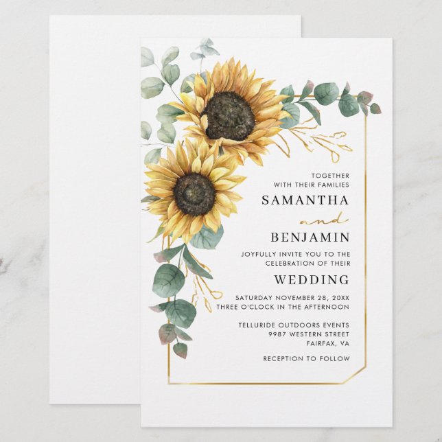 Sunflower Eucalyptus Floral Wedding Invitation (Front/Back)