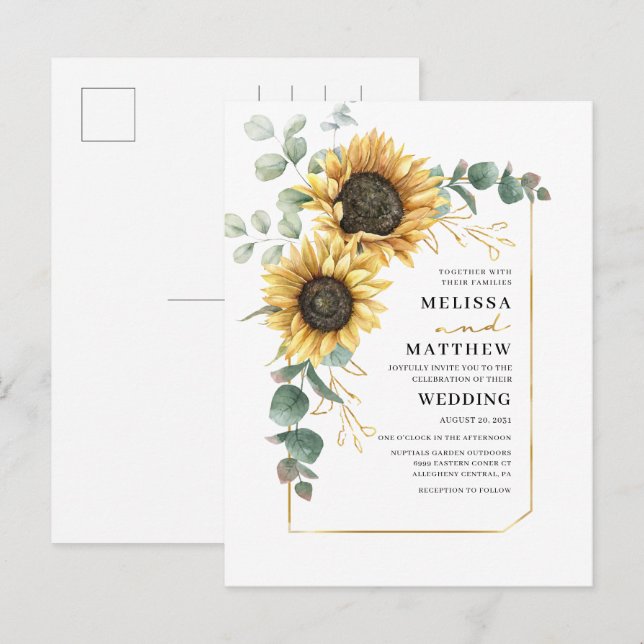 Sunflower Eucalyptus Floral Wedding Invitation Postcard (Front/Back)
