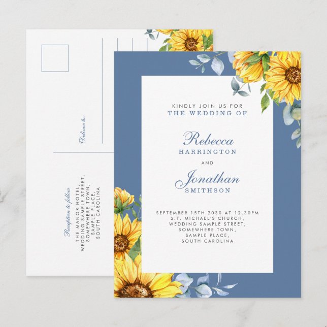 Sunflower & Eucalyptus Floral Wedding Invitation Postcard (Front/Back)
