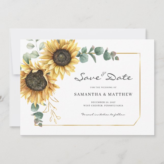Sunflower Eucalyptus Floral Wedding Save The Date (Front)