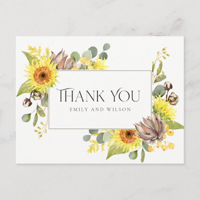 SUNFLOWER EUCALYPTUS FLORAL WEDDING THANK YOU ANNOUNCEMENT POSTCARD (Front)