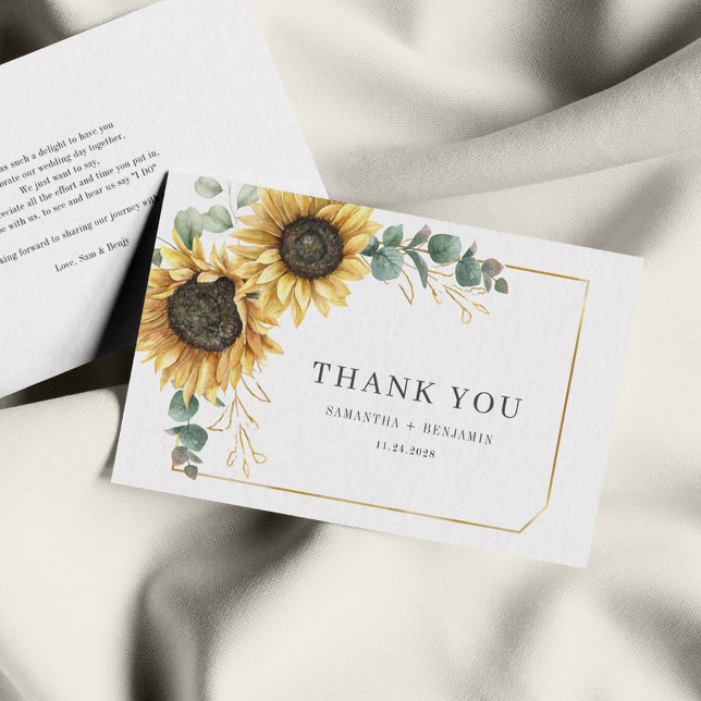 Sunflower Eucalyptus Floral Wedding Thank You Card (Sunflower Eucalyptus Greenery Wedding Thank You Card)
