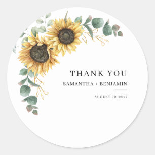 Sunflower Eucalyptus Floral Wedding Thank You Classic Round Sticker