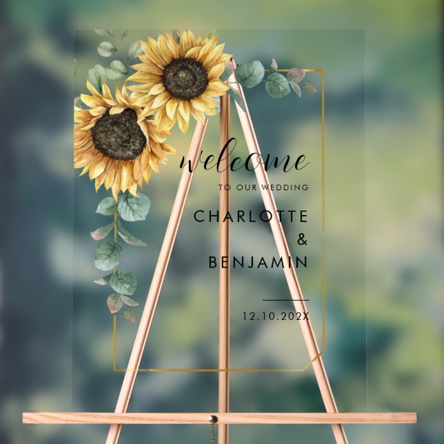 Sunflower Eucalyptus Floral Wedding Welcome Acrylic Sign (Neutral)