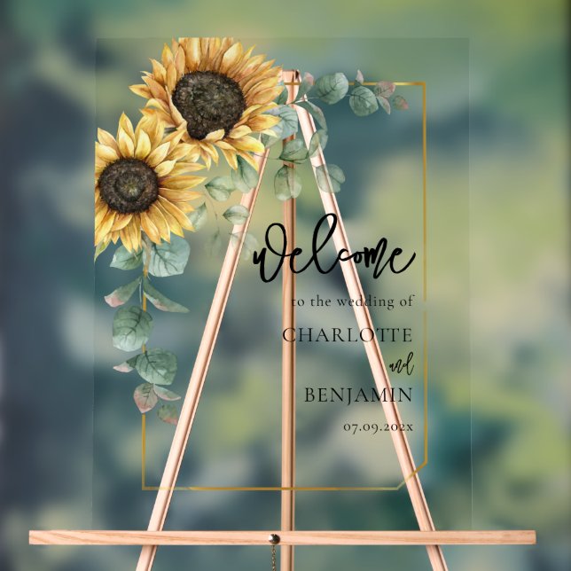 Sunflower Eucalyptus Floral Wedding Welcome Acrylic Sign (Neutral)
